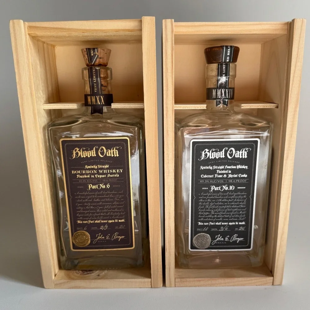 Blood Oath Bourbon Empty Bottles Pact No 7 and 10 with Wooden Display Boxes 2pk